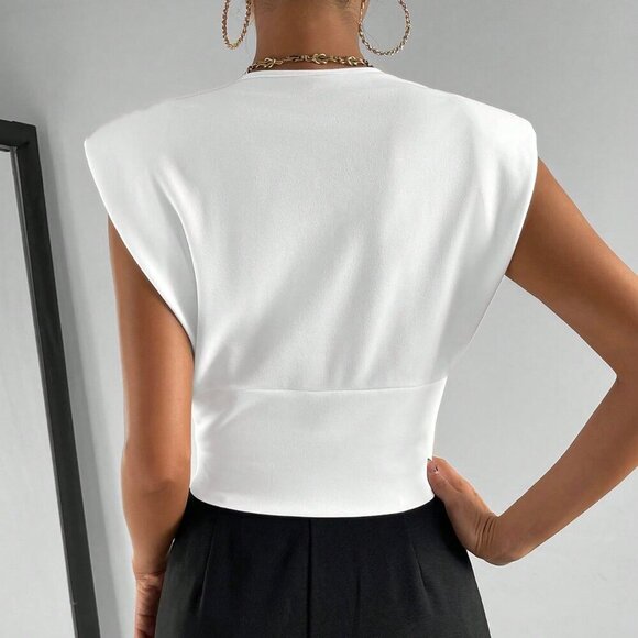 White Casual Women's Short Sleeve Shoulder Padded T-Shirt Top - Picture 2 of 6